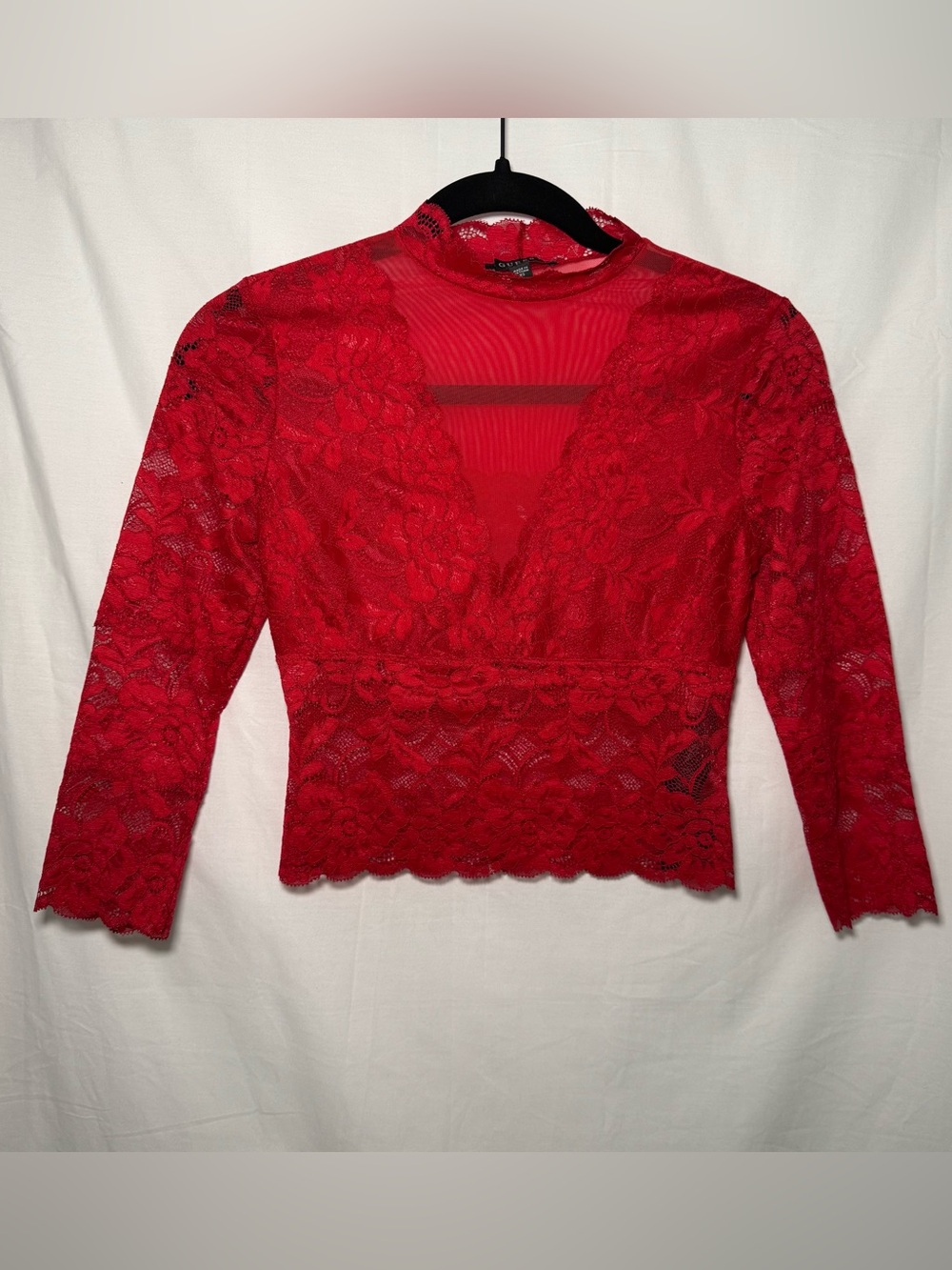 GUESS Renny Red Floral Lace Sheer Mesh Crop Top Mock Neck 3/4 Sleeve Size XS